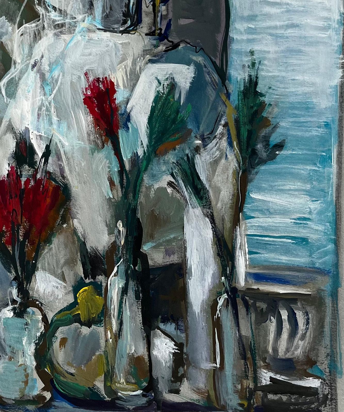 Floral Still Life With White Drapery French Modern Gouache Painting By Guy Nicod photo vinterior