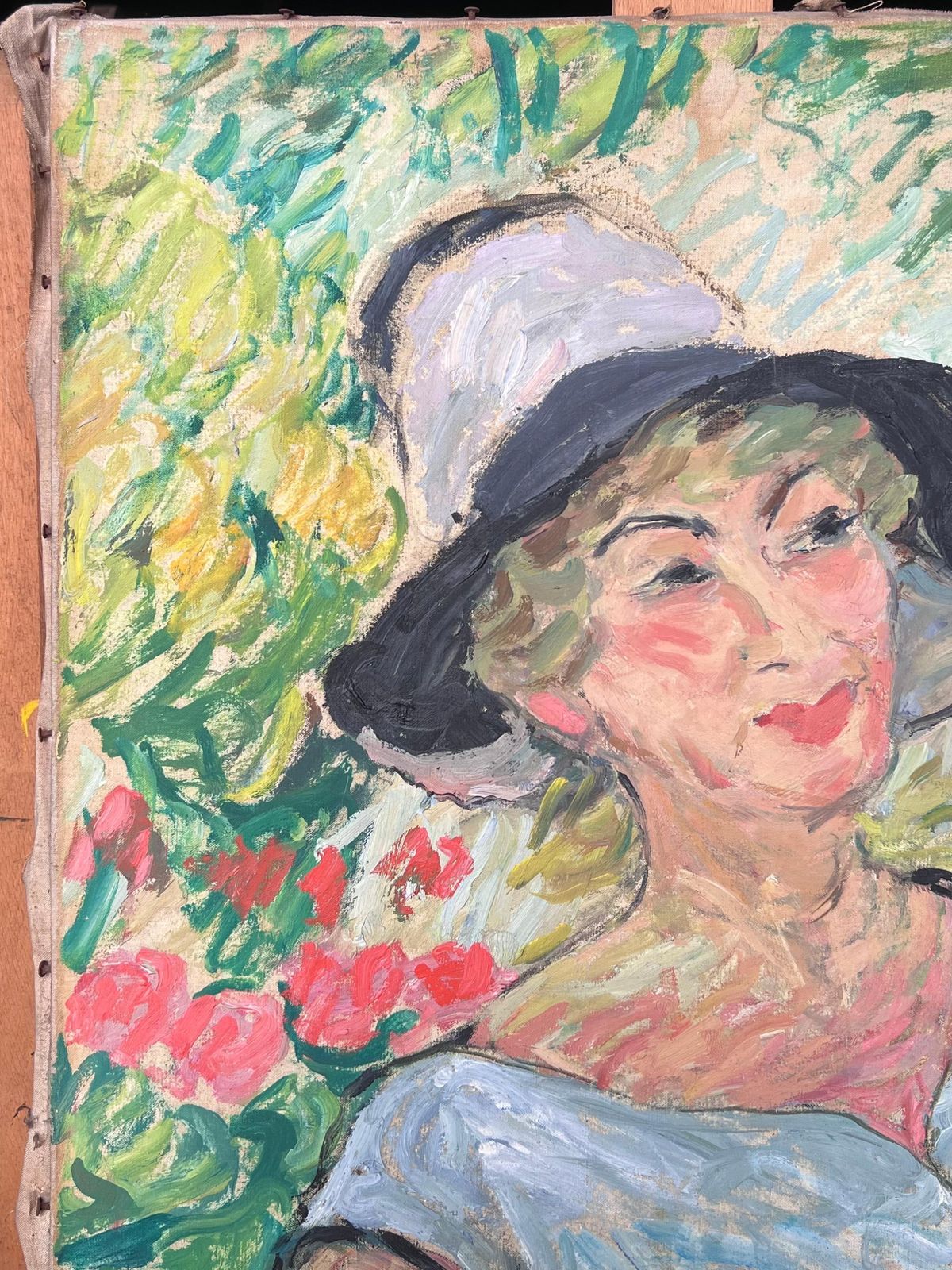 Suzanne Dinkesblonde Lady In A Summers Day Garden Mid Century French Impressionist Painting1950's photo for sale