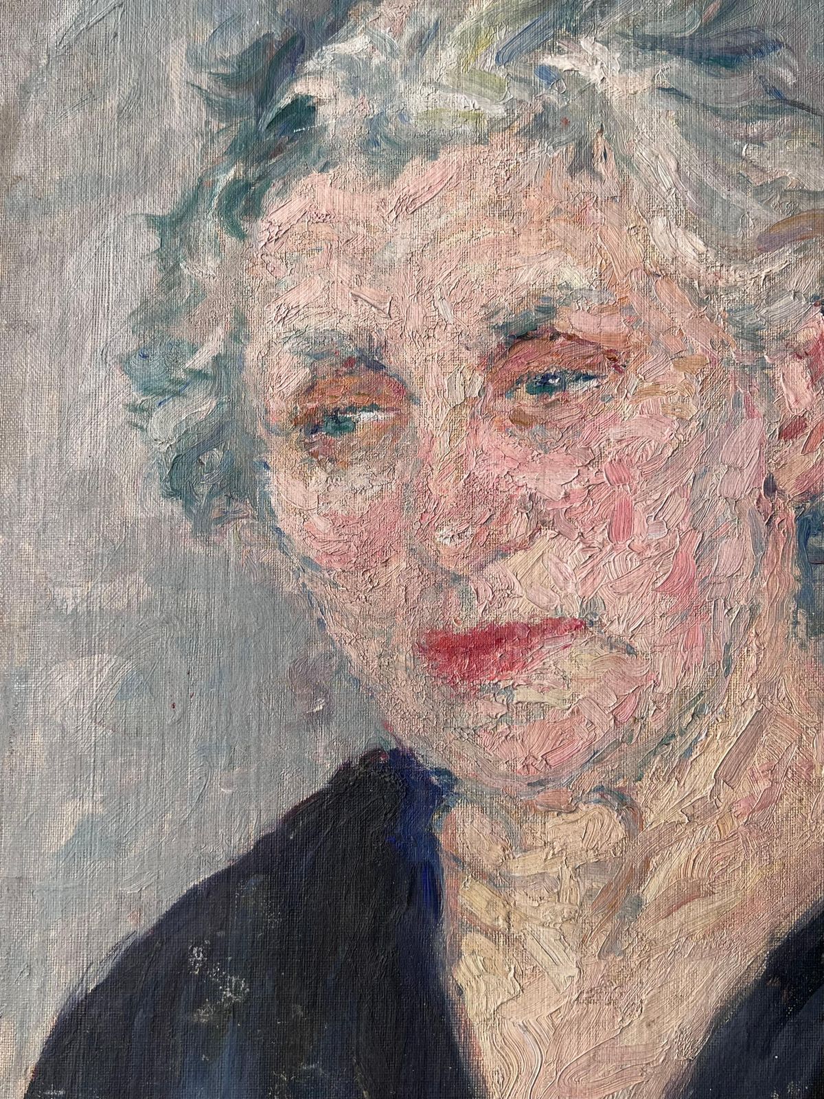 Suzanne Dinkesmid Century French Painting Of A Elder Lady Grey Haired Lady In A Blue V Neck1950's photo Art