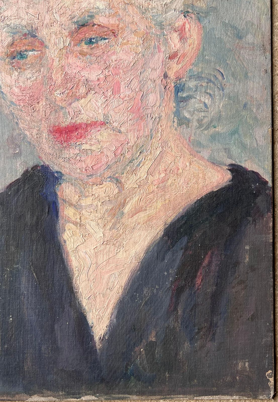 Suzanne Dinkesmid Century French Painting Of A Elder Lady Grey Haired Lady In A Blue V Neck1950's photo vinterior