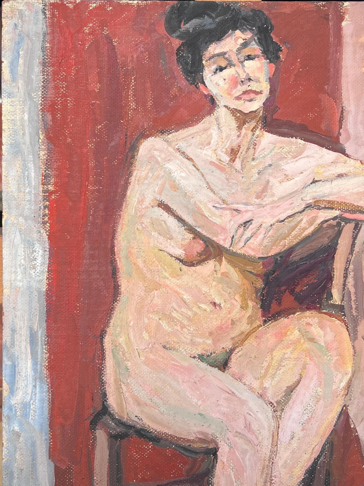 Suzanne Dinkesnude Lady On Stall In Red Interior Mid Century French Impressionist Painting1950's photo for sale