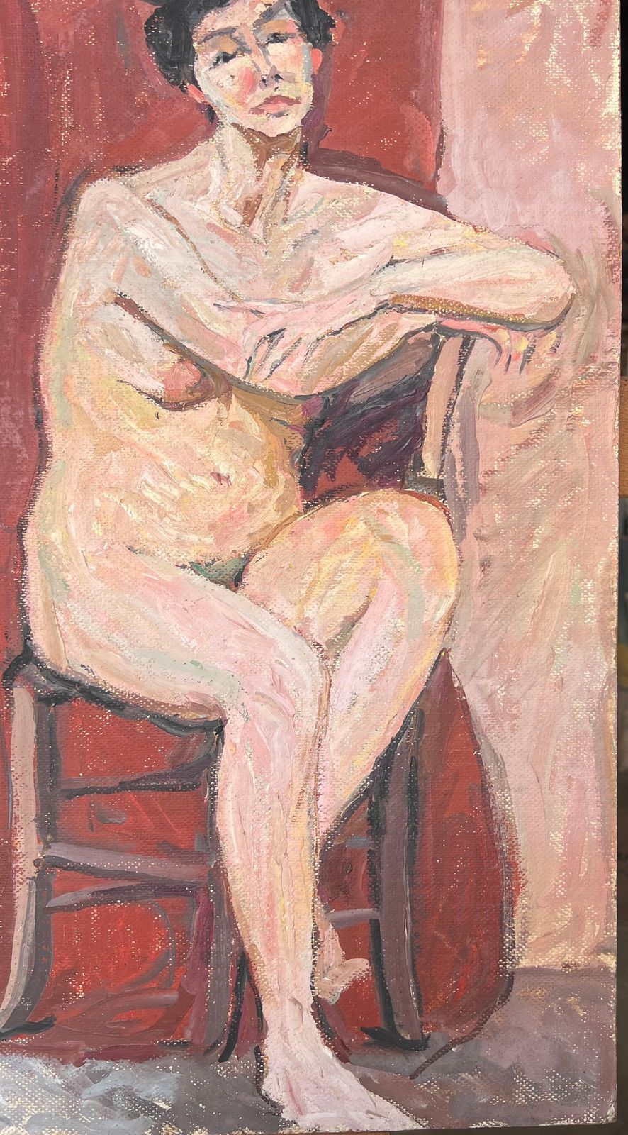 Suzanne Dinkesnude Lady On Stall In Red Interior Mid Century French Impressionist Painting1950's photo 707.0
