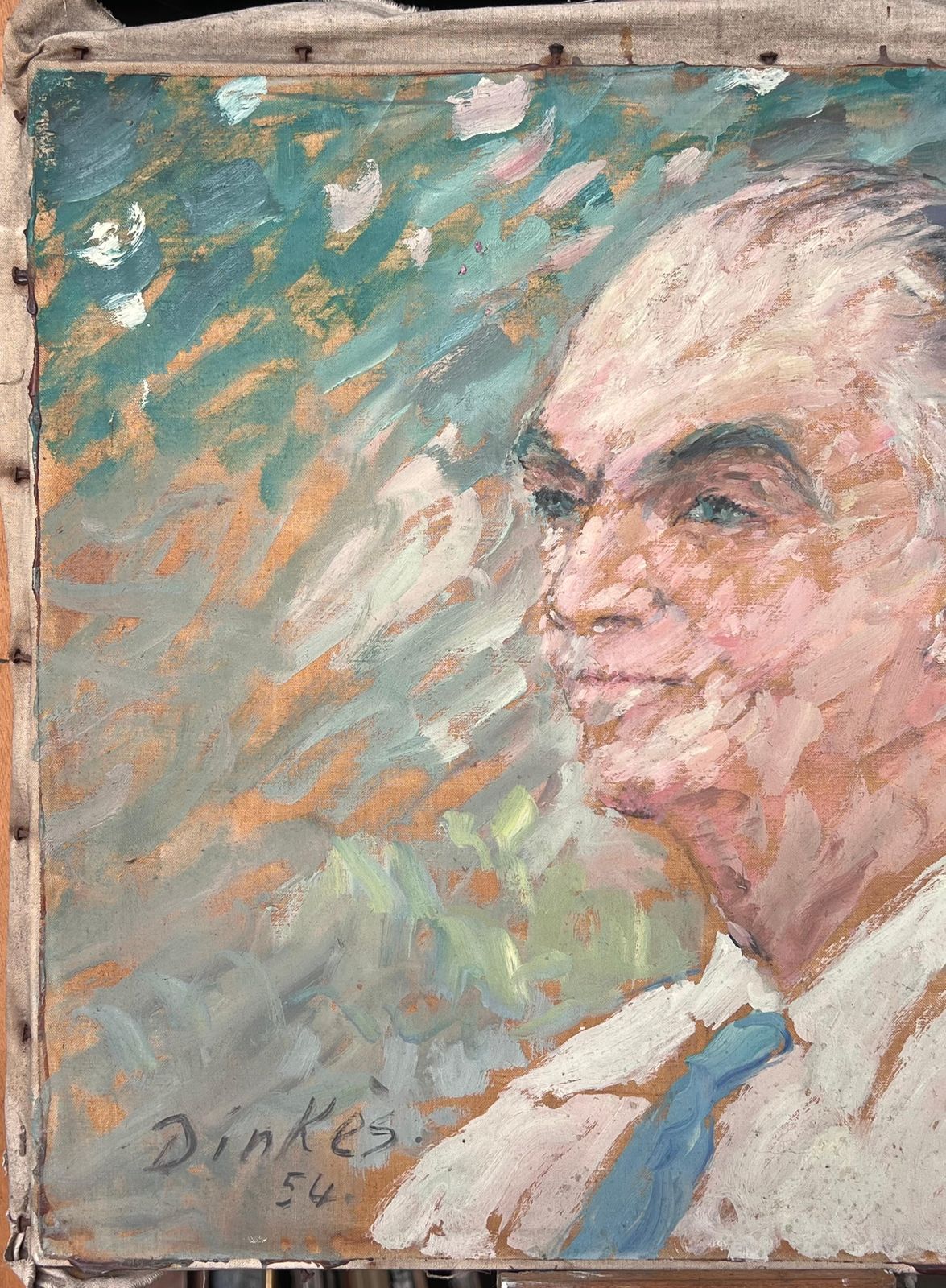 Suzanne Dinkesgrey Haired Gentleman In Blue Tie Mid Century French Impressionist Painting1950's photo vinterior