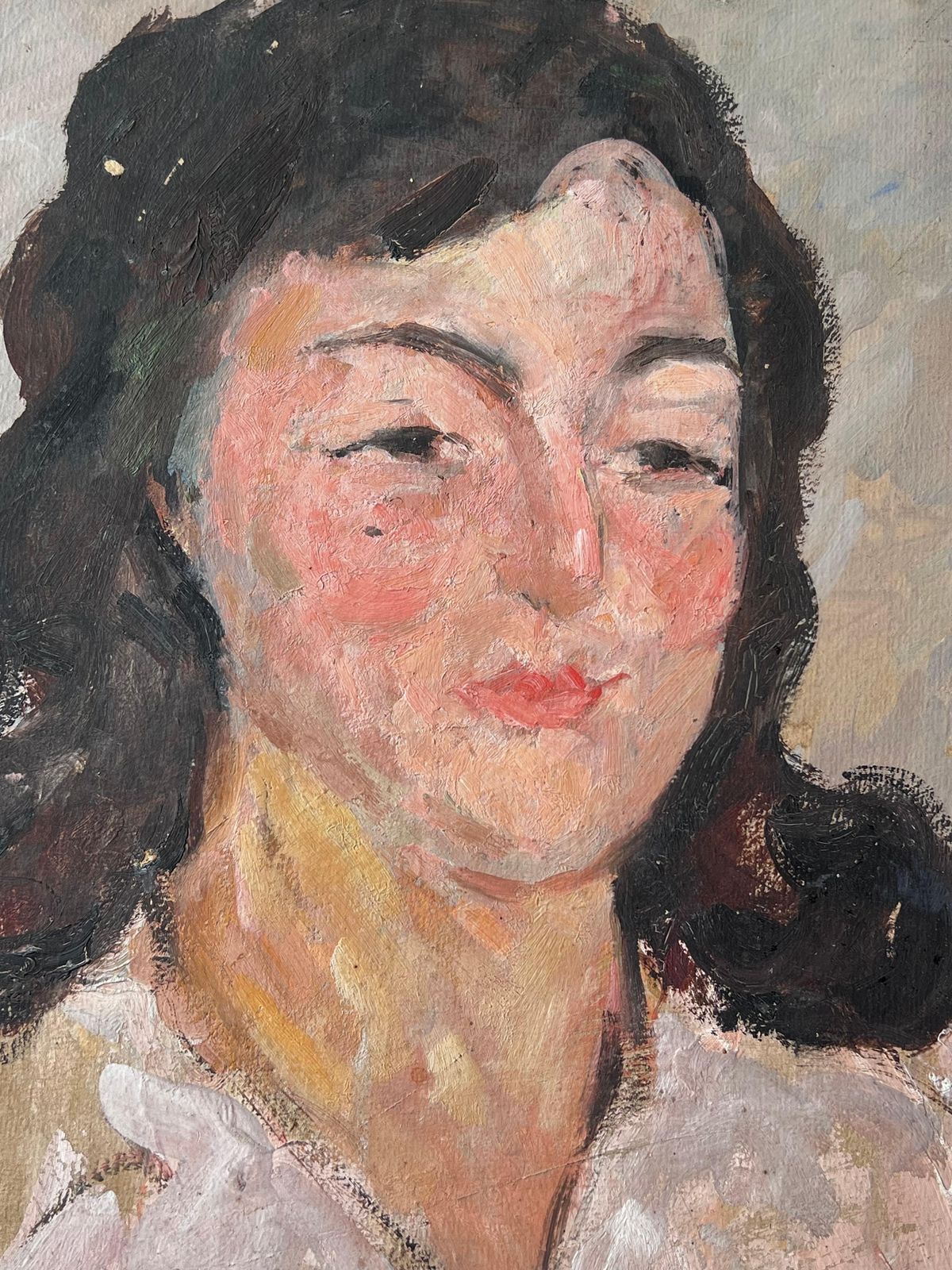 Suzanne Dinkesmid Century French Impressionist Painting Portrait Of A Chic Lady In White Shirt1950's photo 765.0