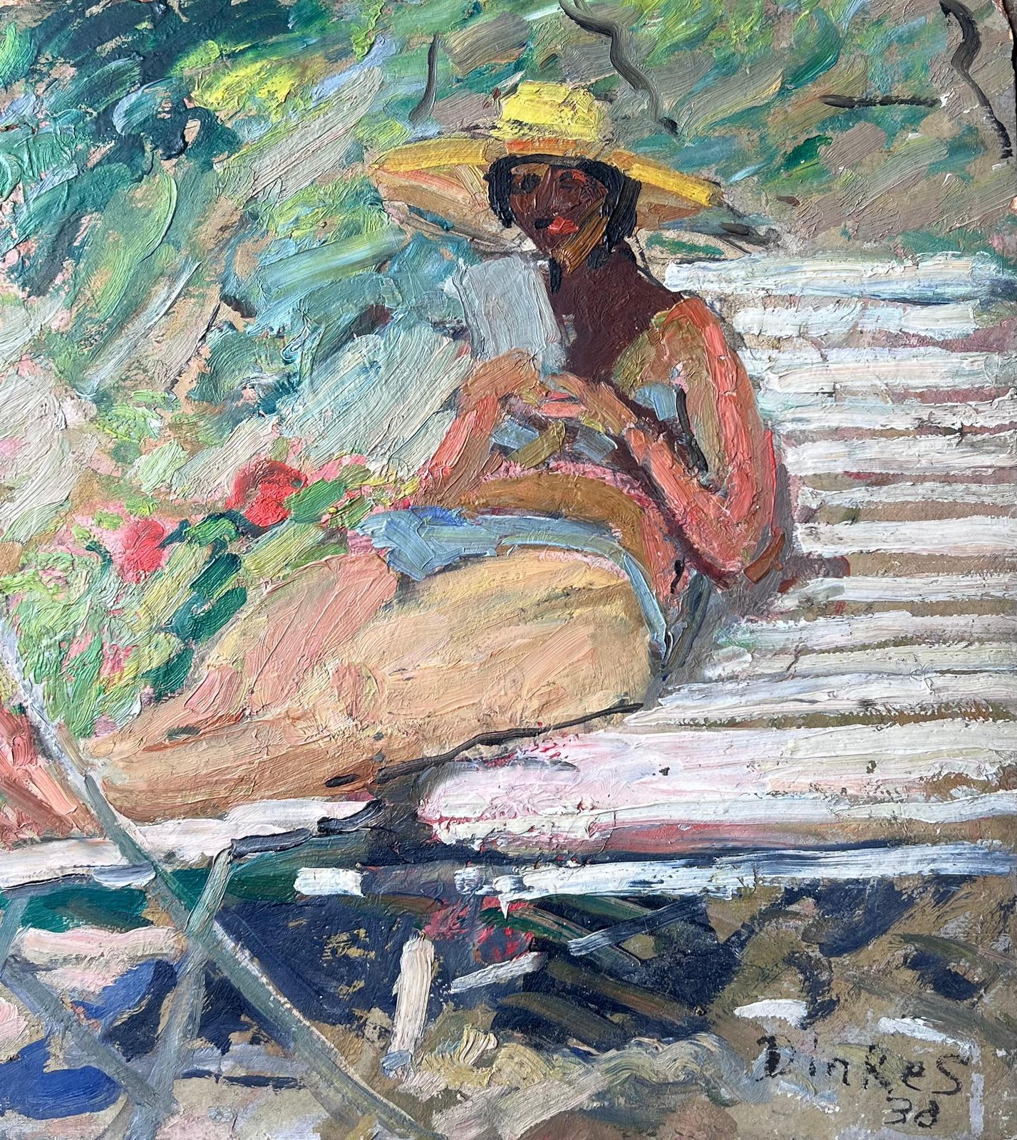Suzanne Dinkesmid Century French Impressionist Painting Lady Sunbathing Reading In The Garden1950's photo for sale