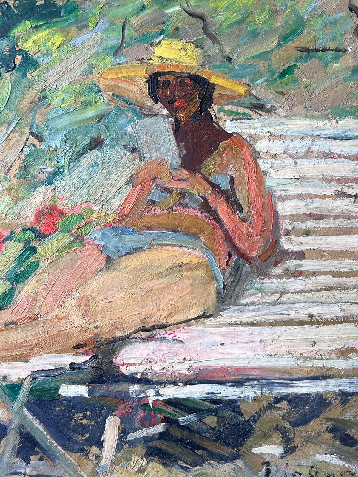 Suzanne Dinkesmid Century French Impressionist Painting Lady Sunbathing Reading In The Garden1950's photo buy