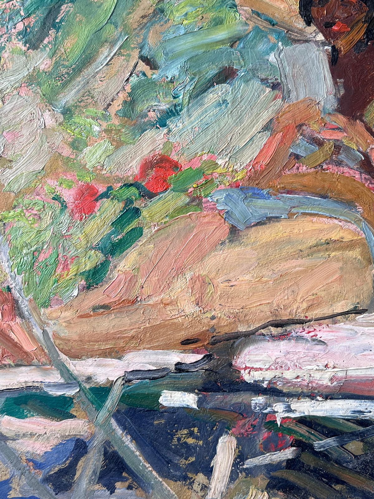 Suzanne Dinkesmid Century French Impressionist Painting Lady Sunbathing Reading In The Garden1950's photo vintage