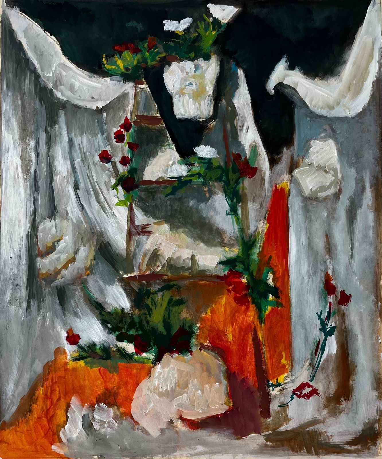 Guy Nicodstill Life With White Drapery And Flowers French Modern Gouache Painting