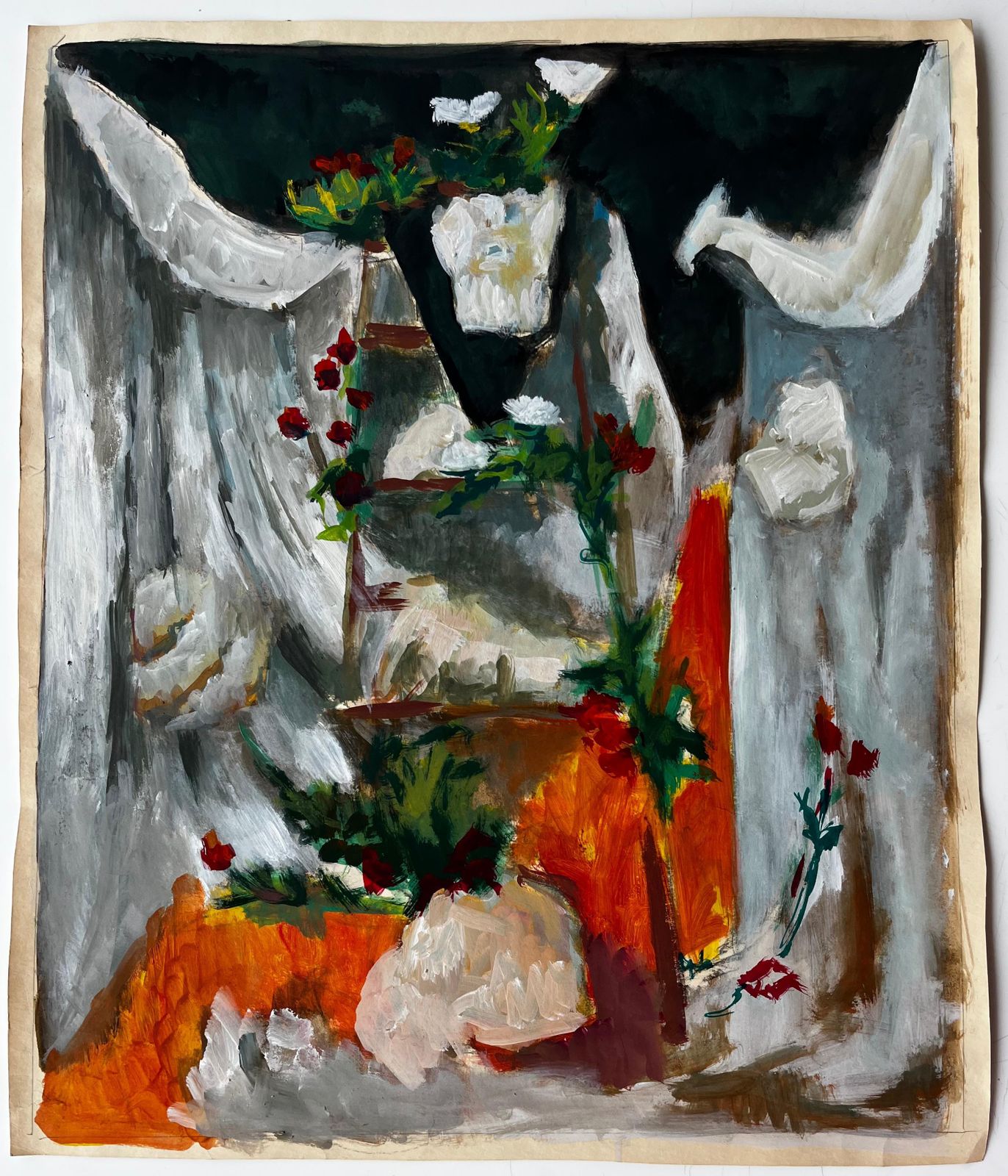 Guy Nicodstill Life With White Drapery And Flowers French Modern Gouache Painting photo furniture