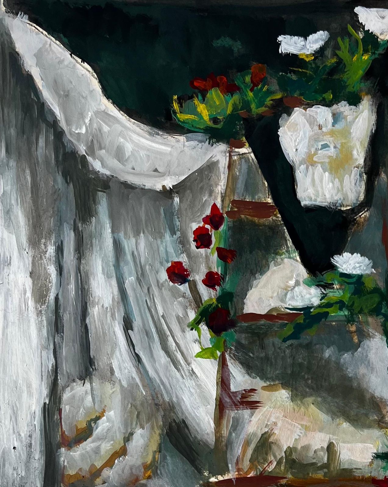 Guy Nicodstill Life With White Drapery And Flowers French Modern Gouache Painting photo for sale