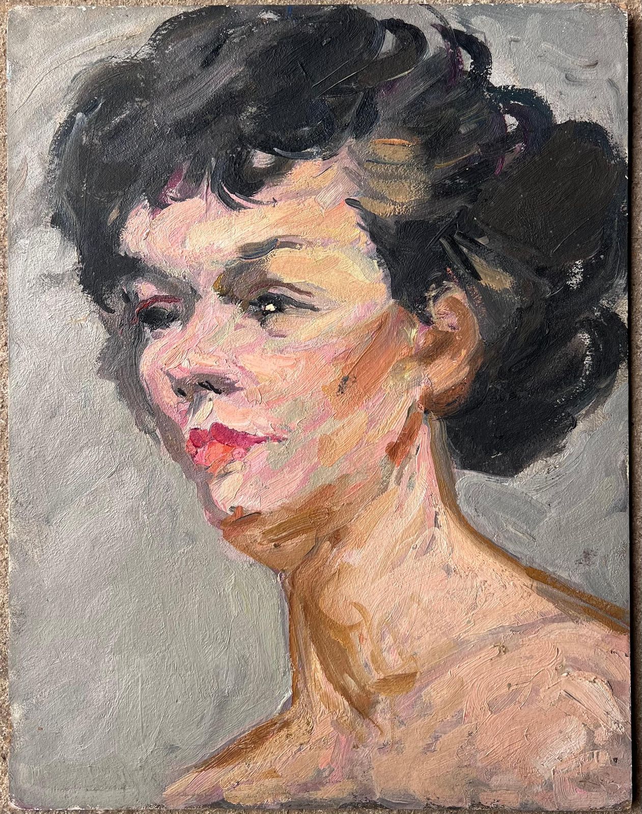 Suzanne Dinkesmid Century French Impressionist Painting Portrait Of A Nude Black Haired Lady1950's photo furniture