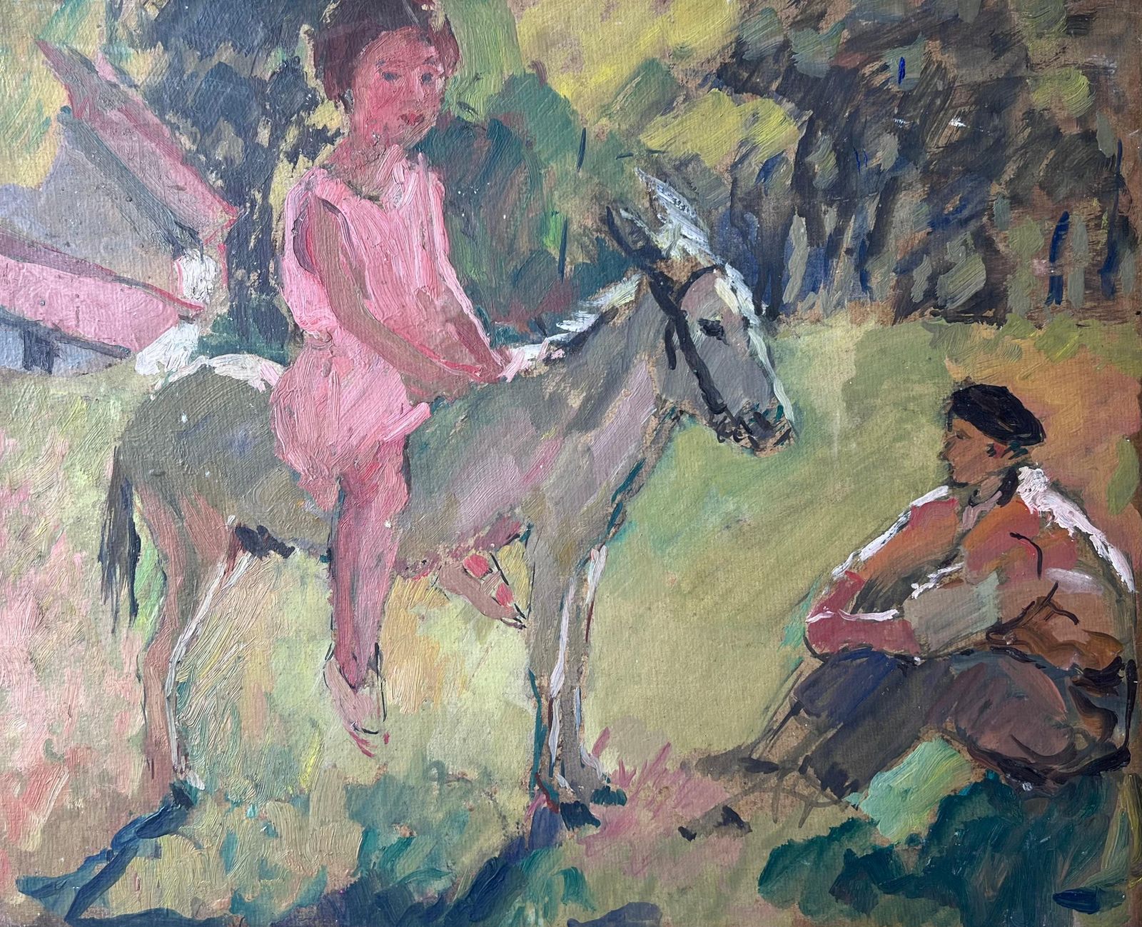 Suzanne Dinkesmid Century French Impressionist Oil Painting Girl Horse Riding With Her Teacher1950's