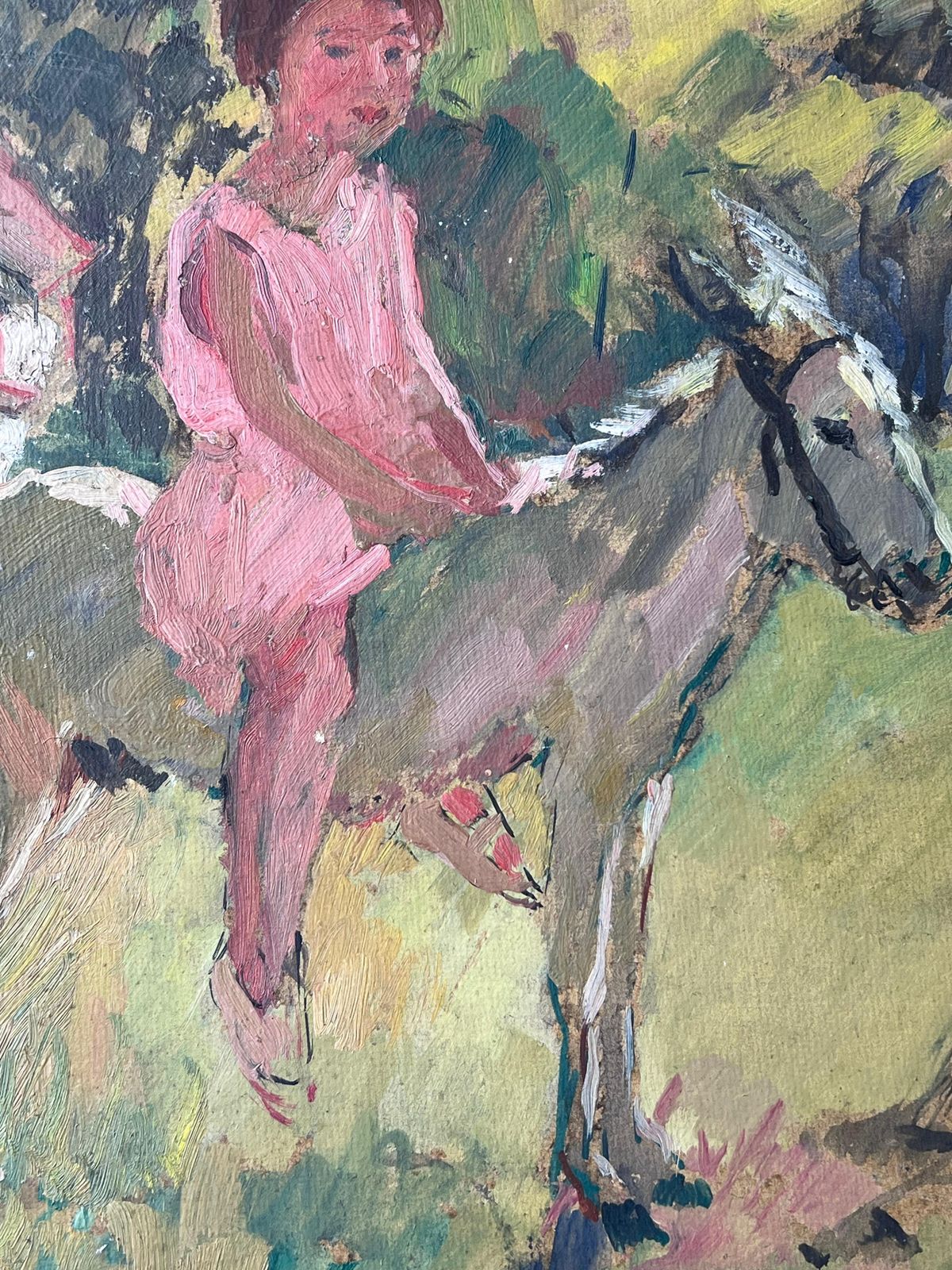 Suzanne Dinkesmid Century French Impressionist Oil Painting Girl Horse Riding With Her Teacher1950's photo vinterior