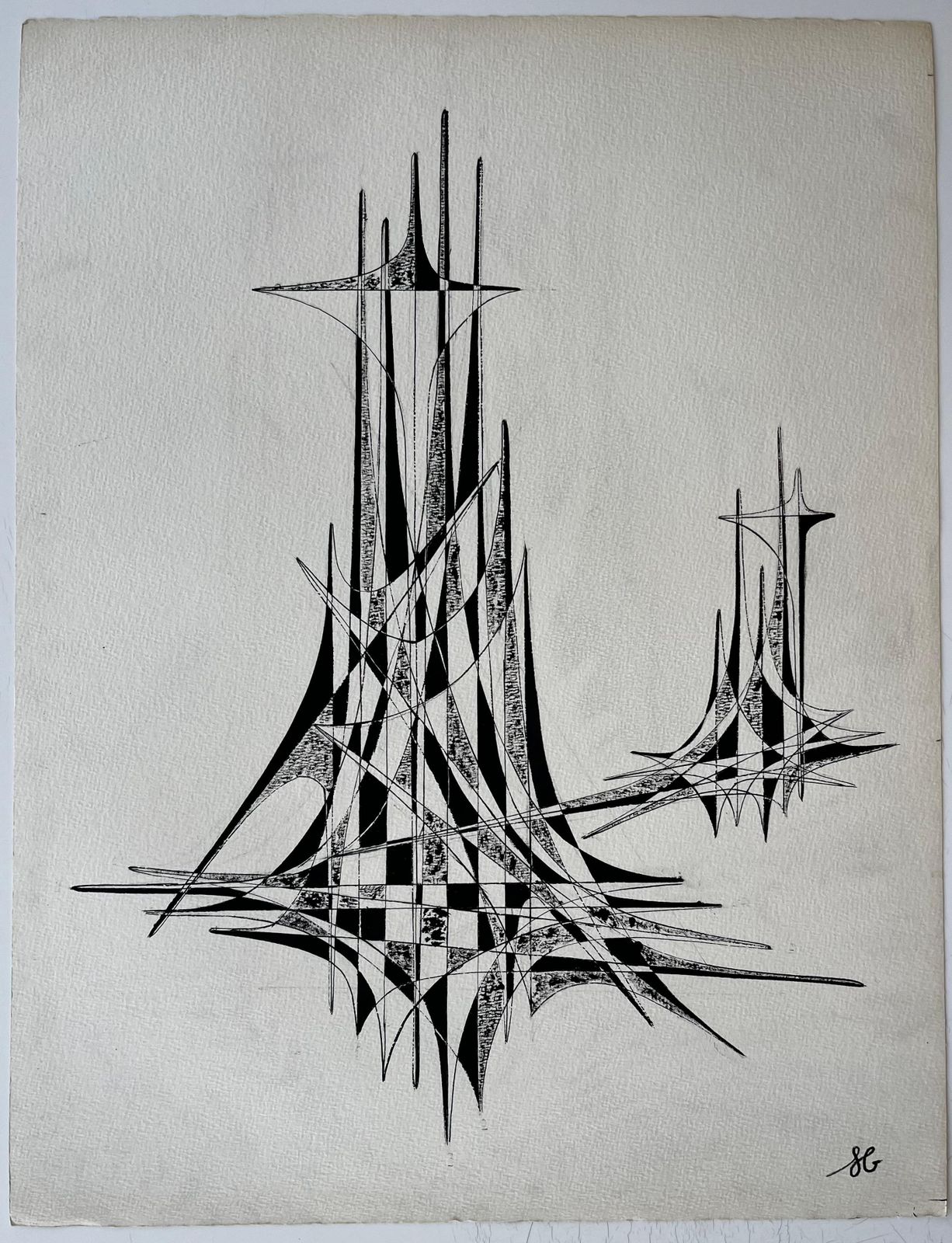 Serge Guerin (1916)mid Century French Black And White Geometric Abstract Drawing Signed Sg photo furniture
