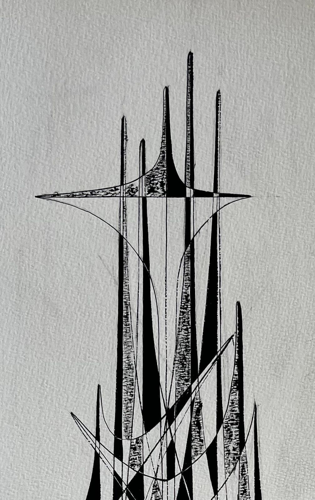 Serge Guerin (1916)mid Century French Black And White Geometric Abstract Drawing Signed Sg photo for sale