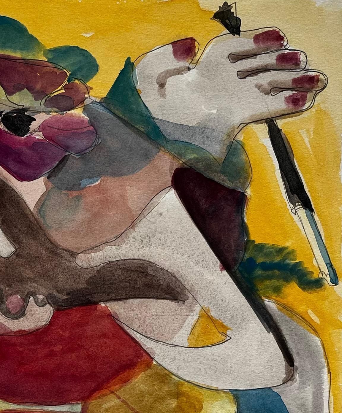 Guy Nicodabstract Figurative Composition With Flowers And Yellow Ground French Gouache photo for sale