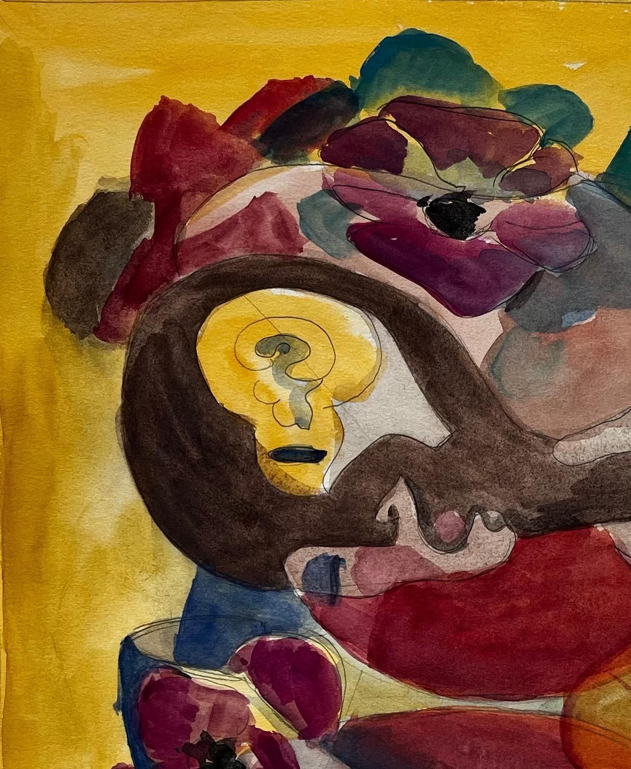 Guy Nicodabstract Figurative Composition With Flowers And Yellow Ground French Gouache photo Art