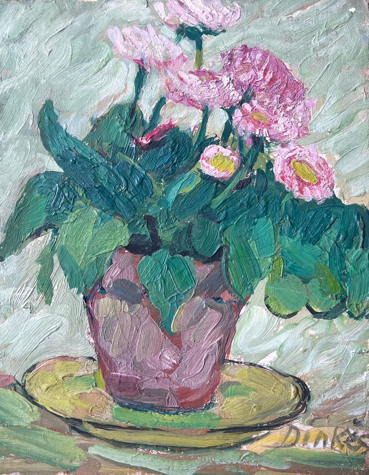 Suzanne Dinkesmid Century French Impressionist Oil Painting Pink Daises In Brown Plant Pot1950's