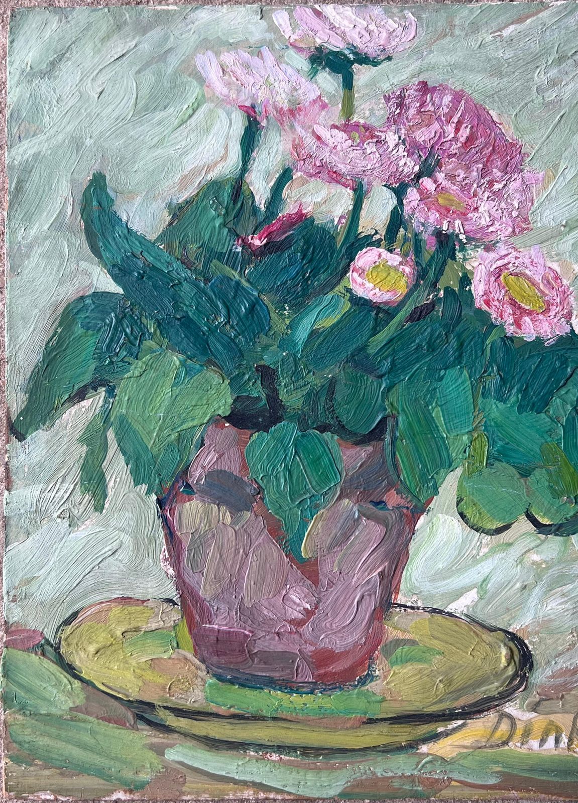 Suzanne Dinkesmid Century French Impressionist Oil Painting Pink Daises In Brown Plant Pot1950's photo for sale