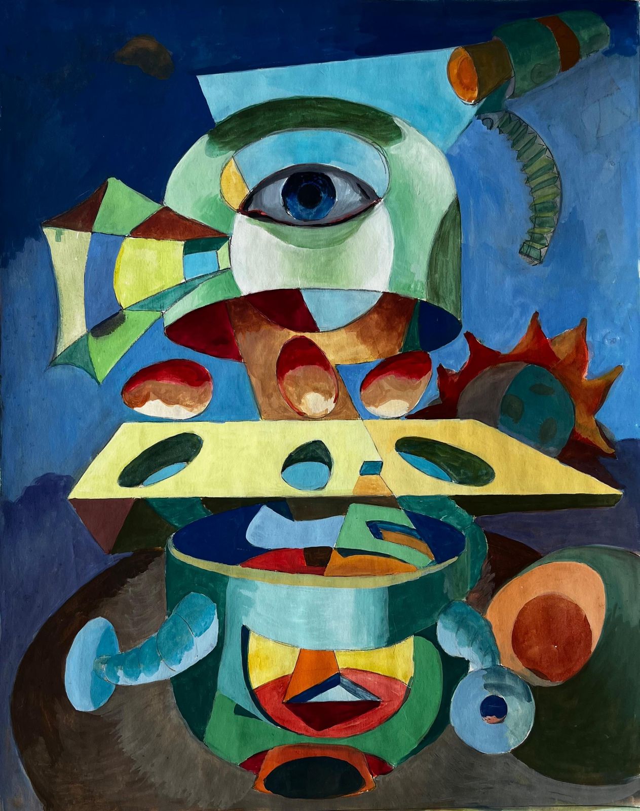 Guy Nicod Surreal Abstract Composition With Central Eye And Geometric Forms French Gouache