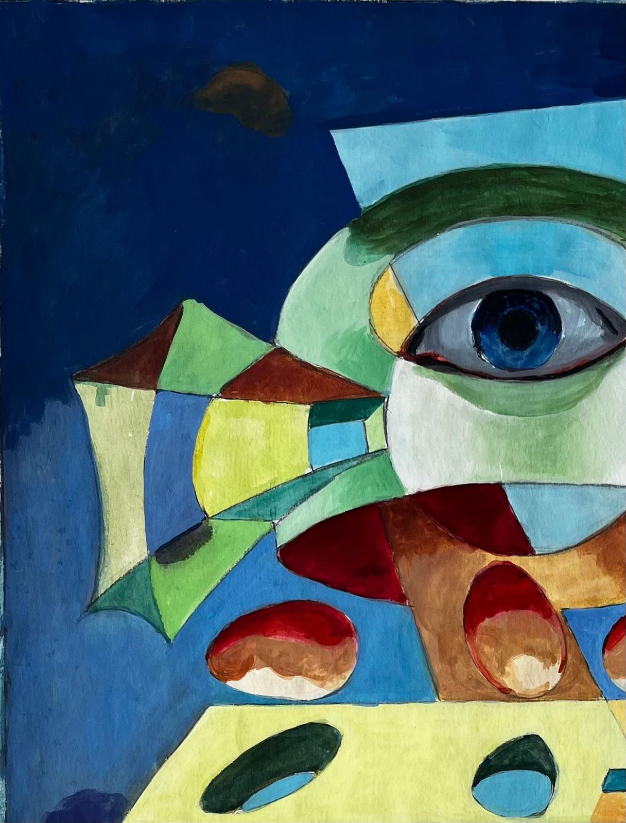 Guy Nicod Surreal Abstract Composition With Central Eye And Geometric Forms French Gouache photo Art