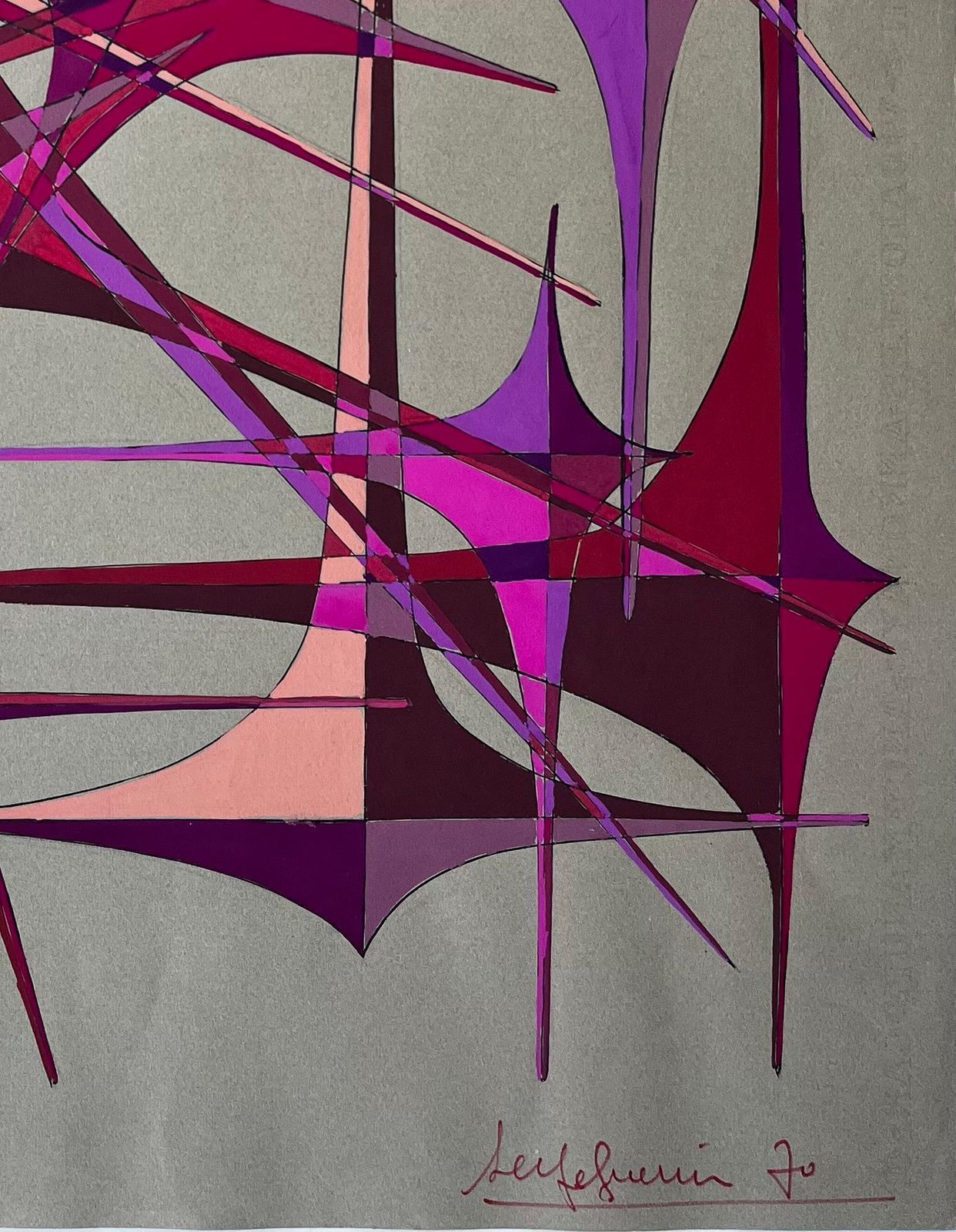 Serge Guerin (1916)mid Century French Geometric Abstract In Red And Violet Gouache On Paper photo for sale