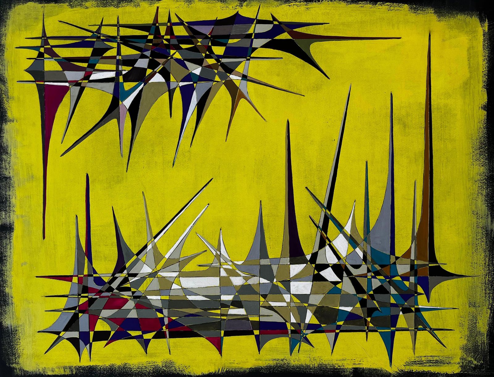 Serge Guerin (1916)mid Century French Geometric Abstract With Spires On Yellow Background1970