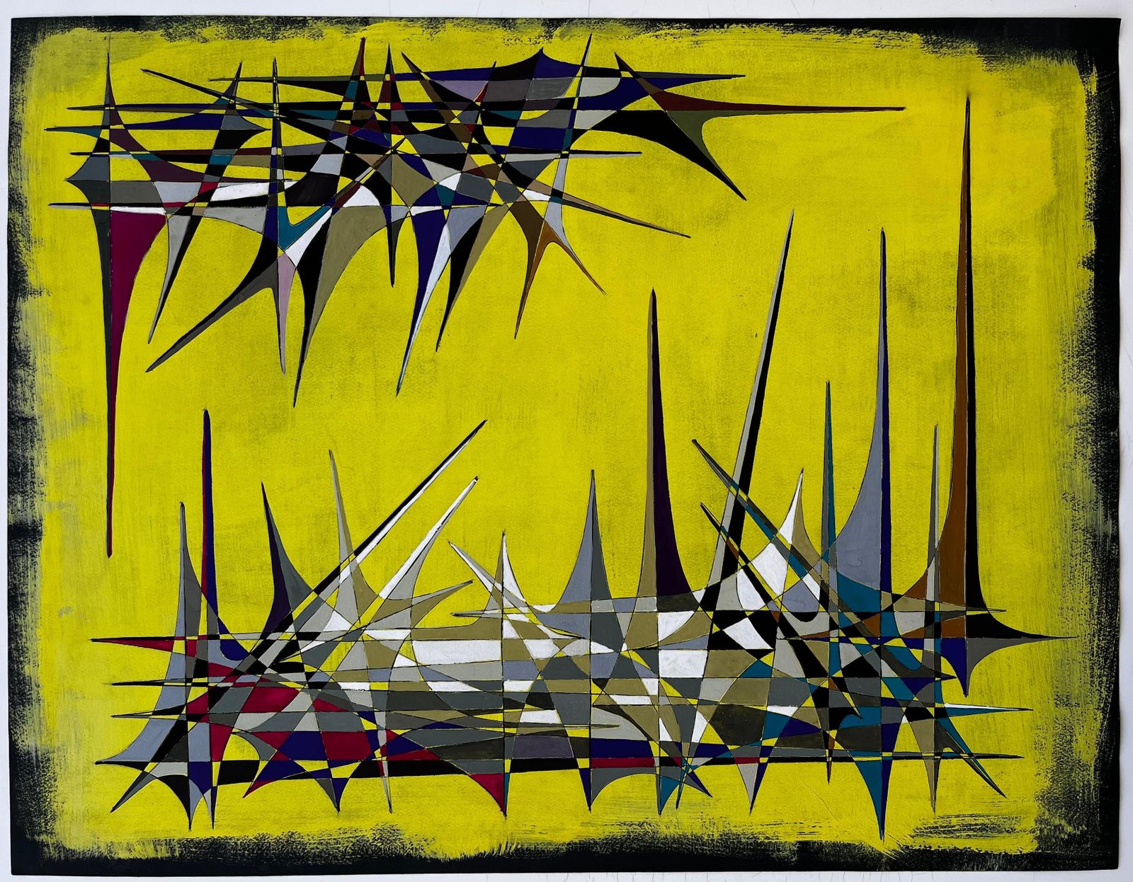 Serge Guerin (1916)mid Century French Geometric Abstract With Spires On Yellow Background1970 photo furniture
