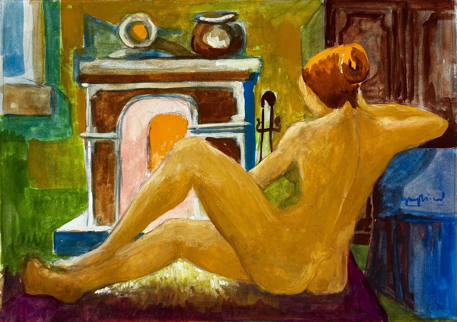 Nude Before The Fireplace French Modernist Gouache By Guy Nicod