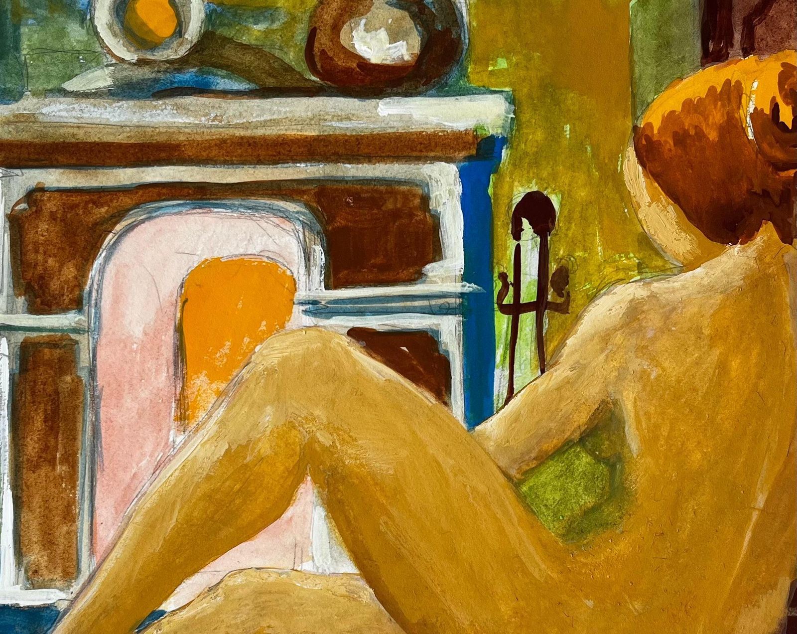 Nude Before The Fireplace French Modernist Gouache By Guy Nicod photo buy