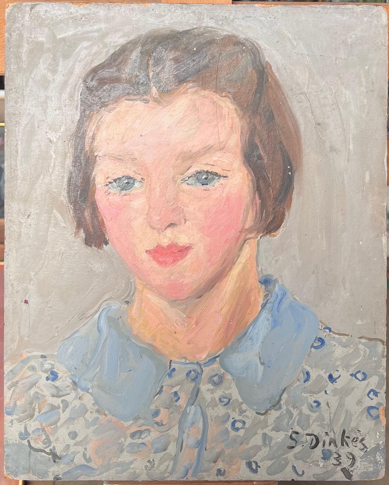 Suzanne Dinkes1930's French Impressionist Oil Portrait Of Young Lady Pretty Blue Blouse1930's photo furniture