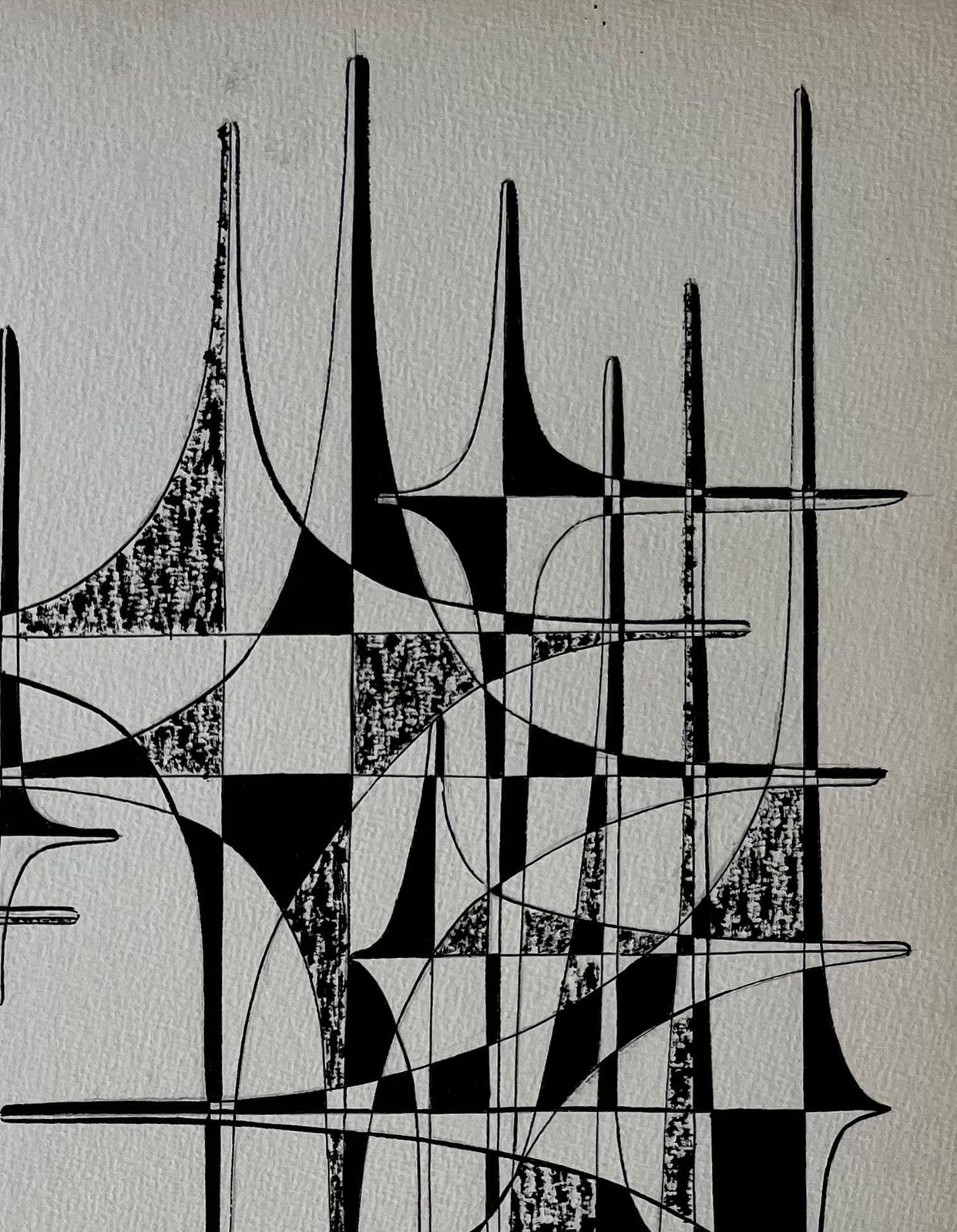 Serge Guerin (1916)mid Century French Geometric Abstract Ink Drawing On Paper photo Art
