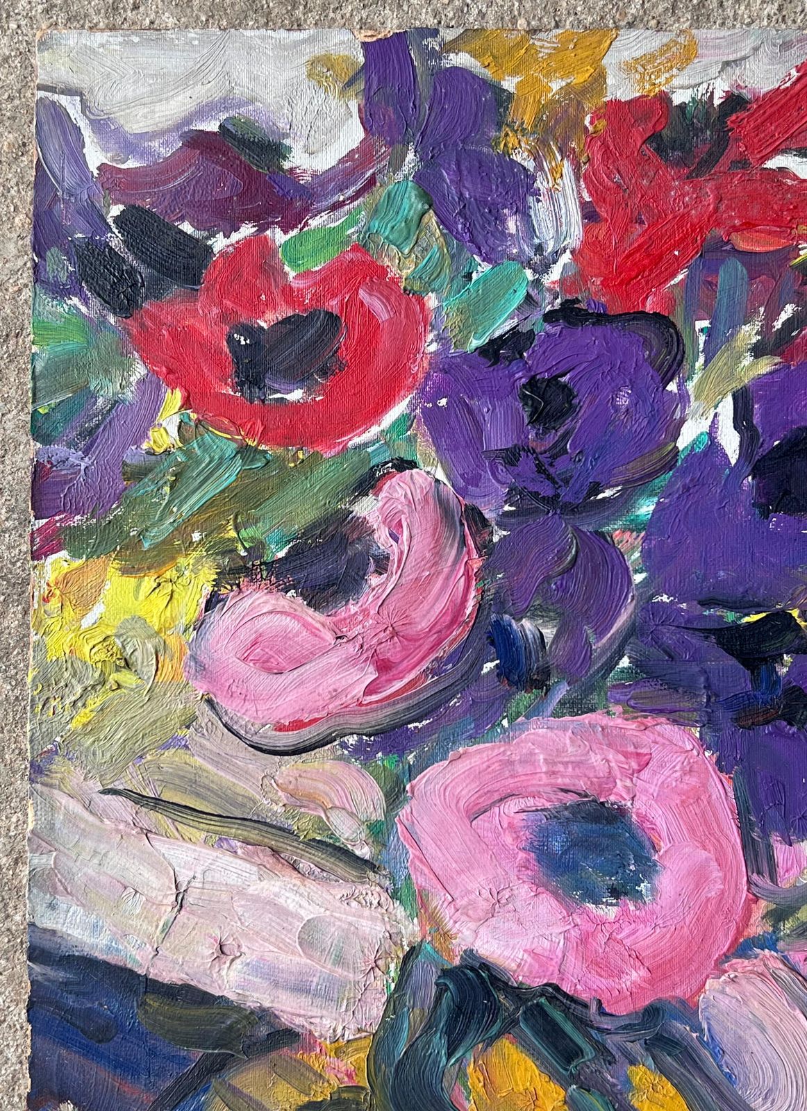 Suzanne Dinkesmid Century French Impressionist Oil Painting Still Life Bright Peonies In Vase1950's photo for sale