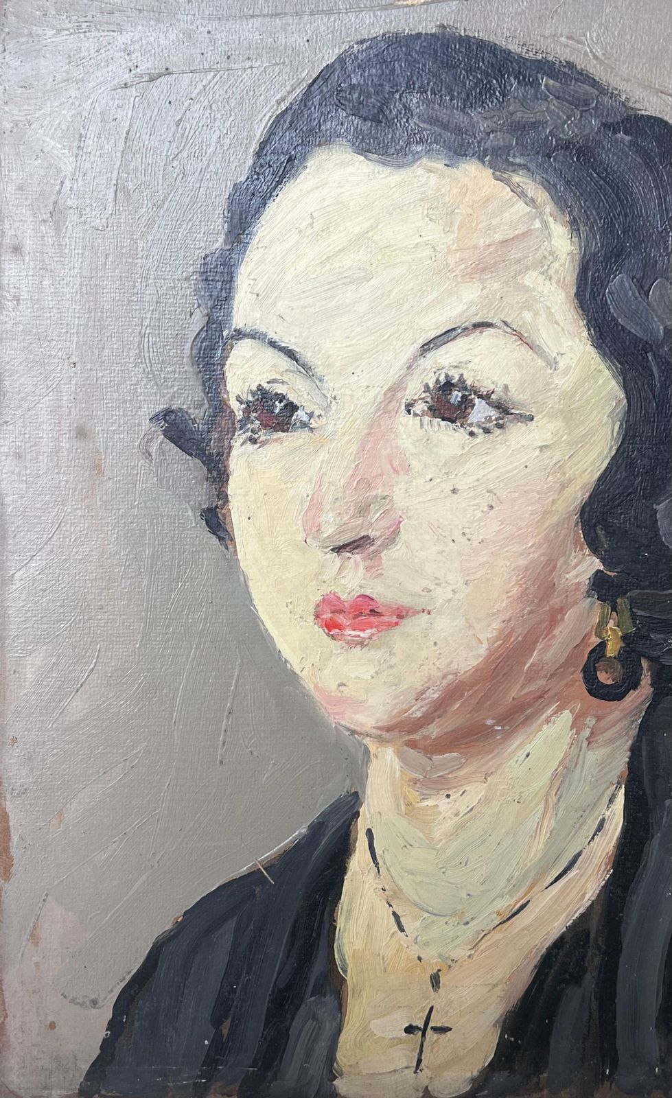 Suzanne Dinkesmid Century French Impressionist Oil Portrait Of Woman Dark Hair1950's photo 650.0