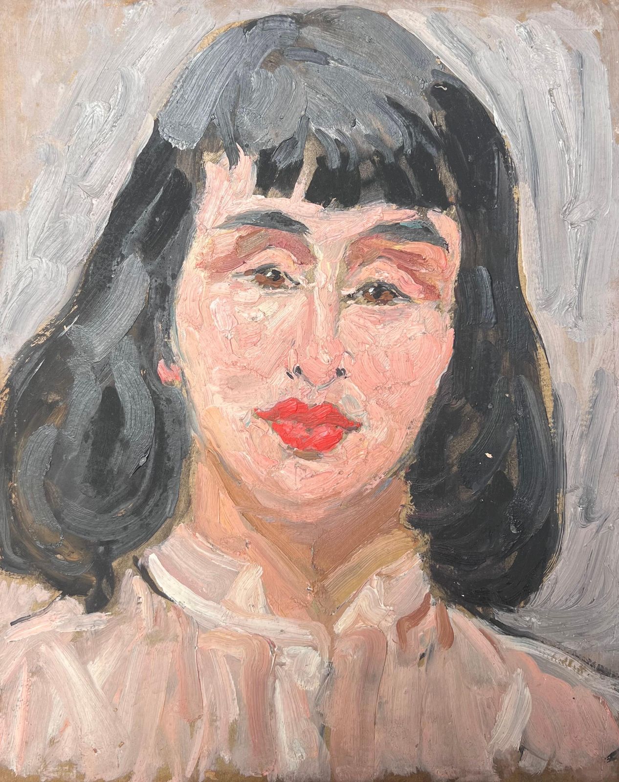 Suzanne Dinkesmid Century French Impressionist Oil Portrait Of Woman Dark Hair1950's photo vintage