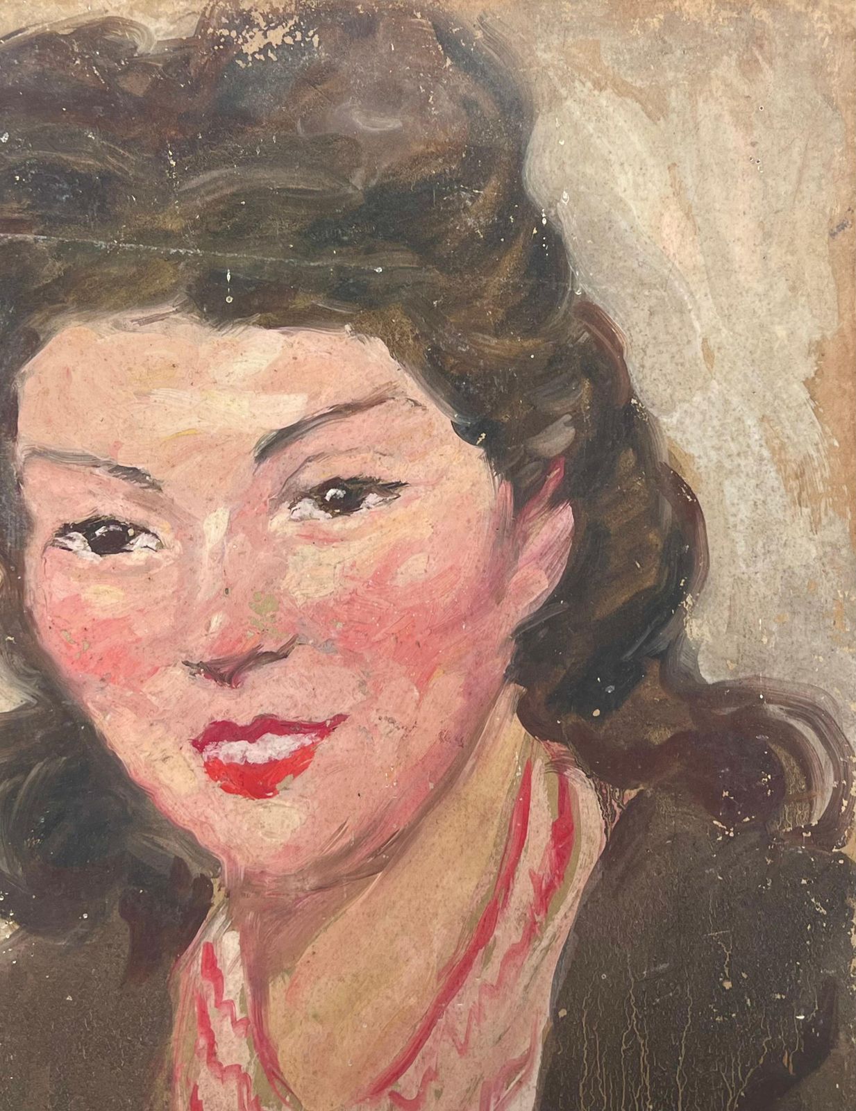Suzanne Dinkesmid Century French Impressionist Signed Oil Portrait Woman In Red Necklace1950's photo furniture