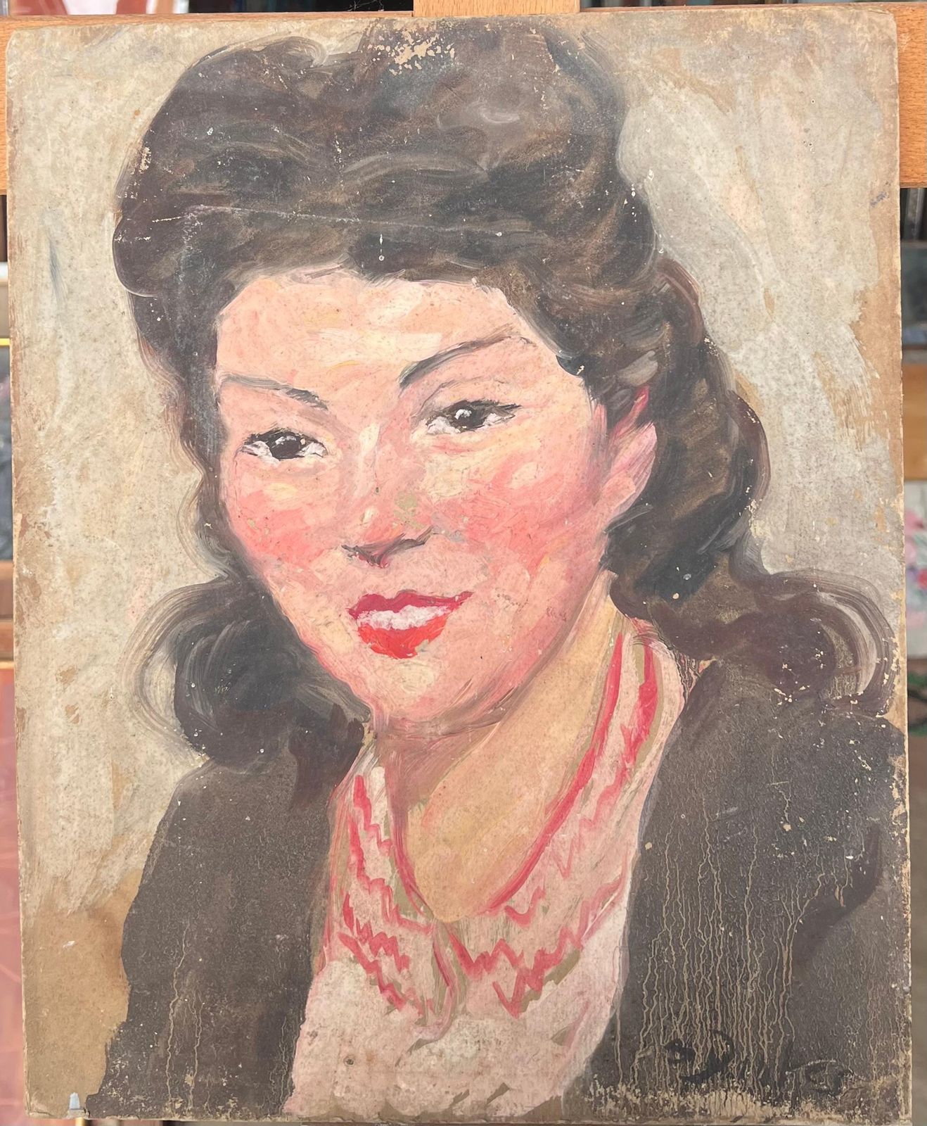 Suzanne Dinkesmid Century French Impressionist Signed Oil Portrait Woman In Red Necklace1950's photo for sale