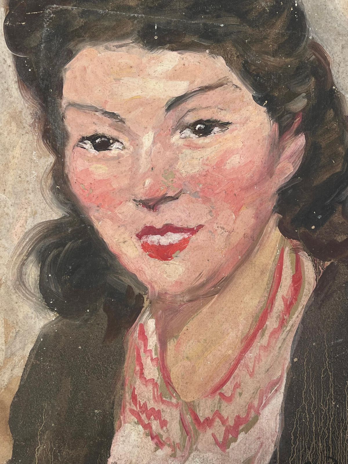 Suzanne Dinkesmid Century French Impressionist Signed Oil Portrait Woman In Red Necklace1950's photo 662.0