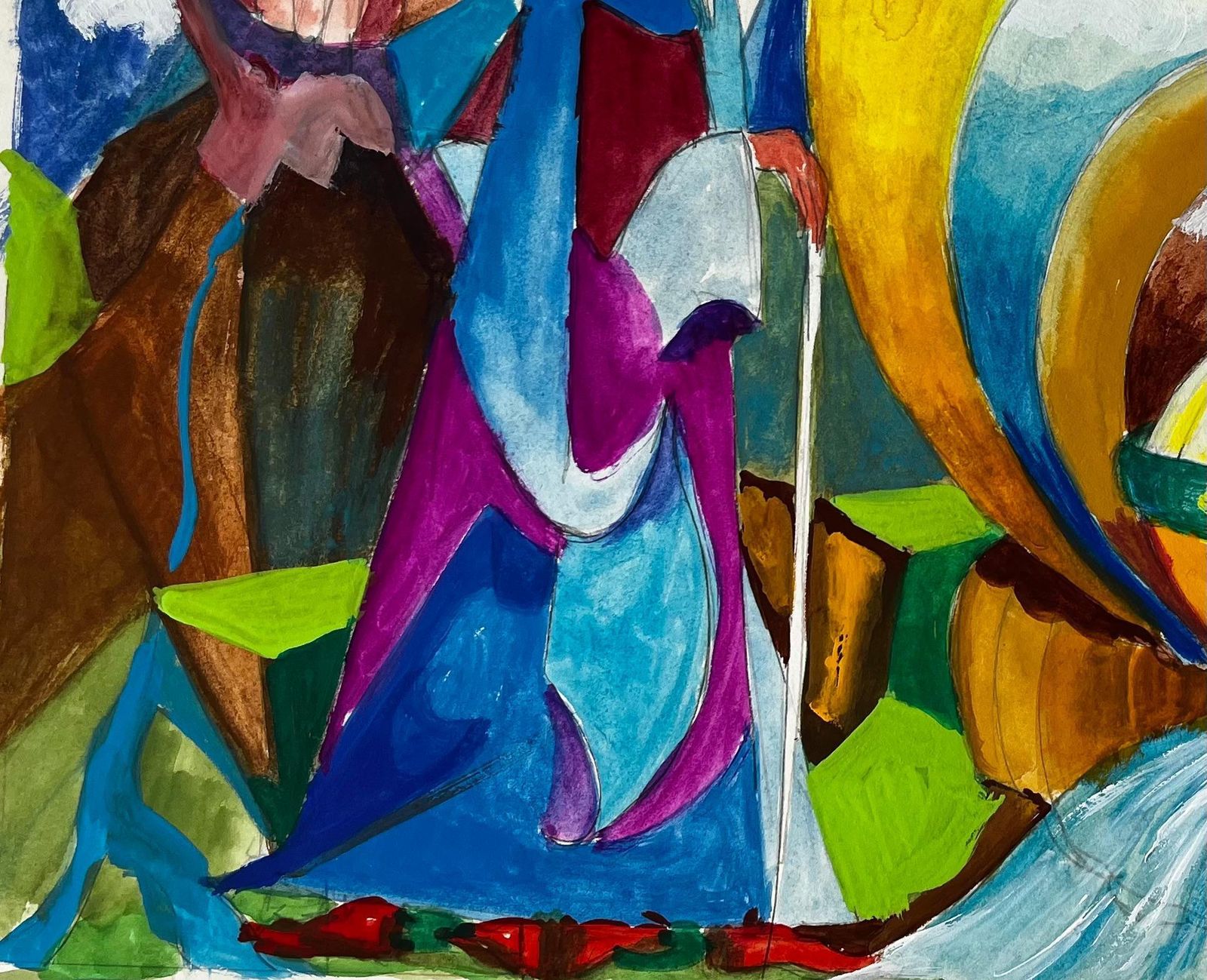 Guy Nicodsurreal Abstract Landscape With Golden Sun And Blue Figure French Gouache photo vinterior