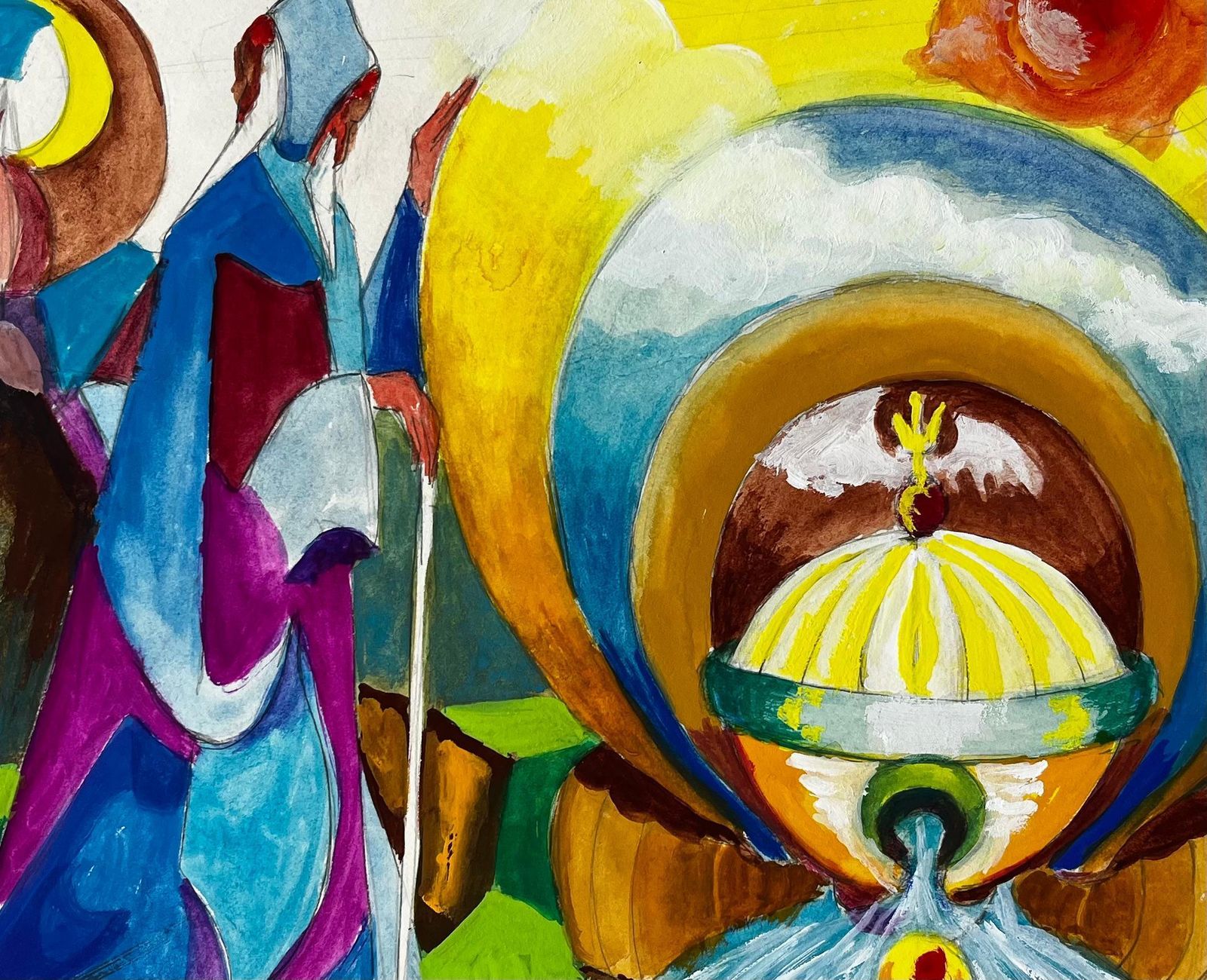 Guy Nicodsurreal Abstract Landscape With Golden Sun And Blue Figure French Gouache photo buy