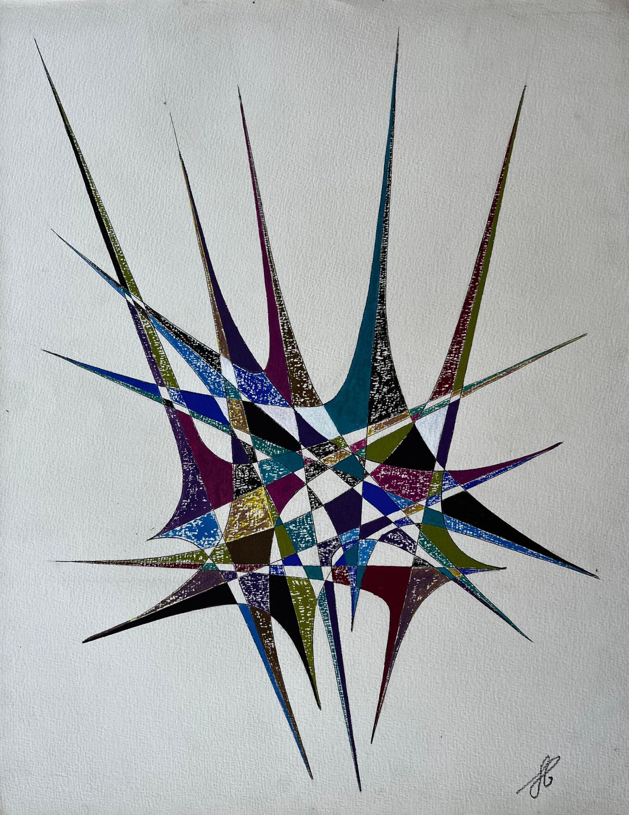 Serge Guerin (1916)mid Century French Geometric Abstract Starburst In Blue Green And Purple