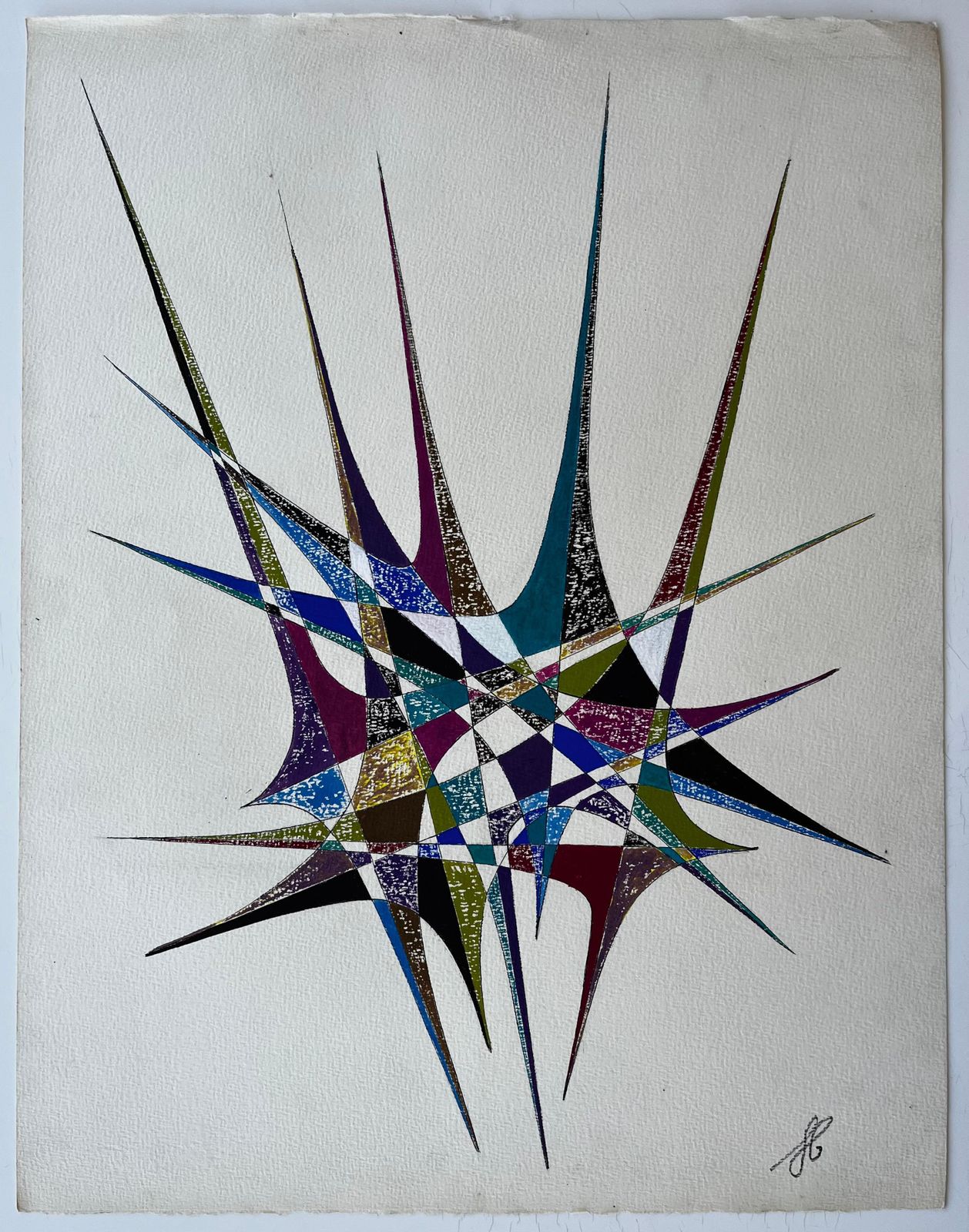 Serge Guerin (1916)mid Century French Geometric Abstract Starburst In Blue Green And Purple photo furniture