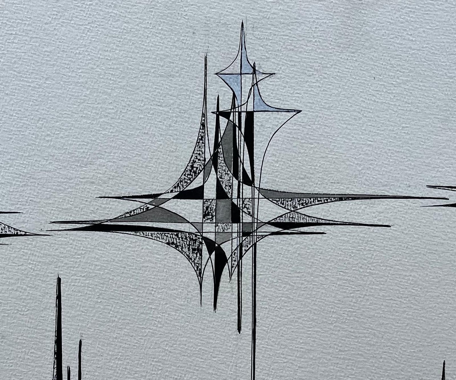 Serge Guerin (1916)mid Century French Geometric Abstract Starburst Composition Ink On Paper photo Art