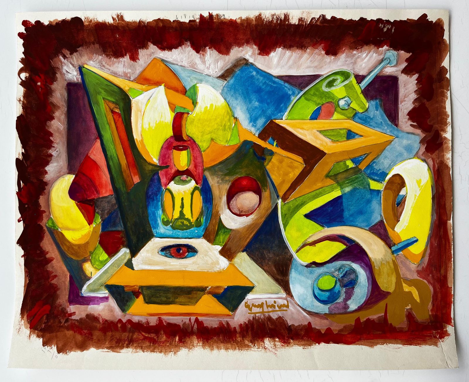 Guy Nicodabstract Cubist Still Life With Blue Vase And Yellow Forms French Gouache photo furniture