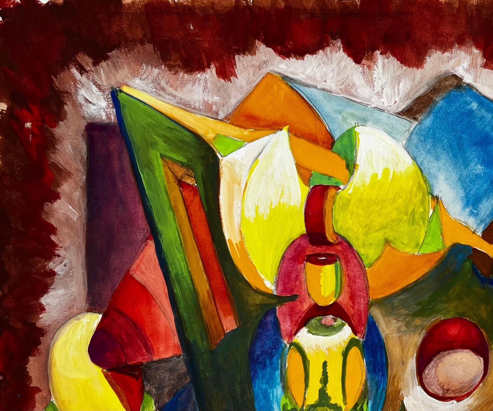 Guy Nicodabstract Cubist Still Life With Blue Vase And Yellow Forms French Gouache photo 611.0