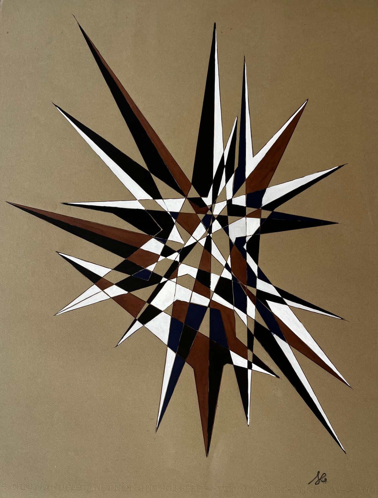 Serge Guerin (1916)mid Century French Geometric Abstract Starburst In Brown Blue And White