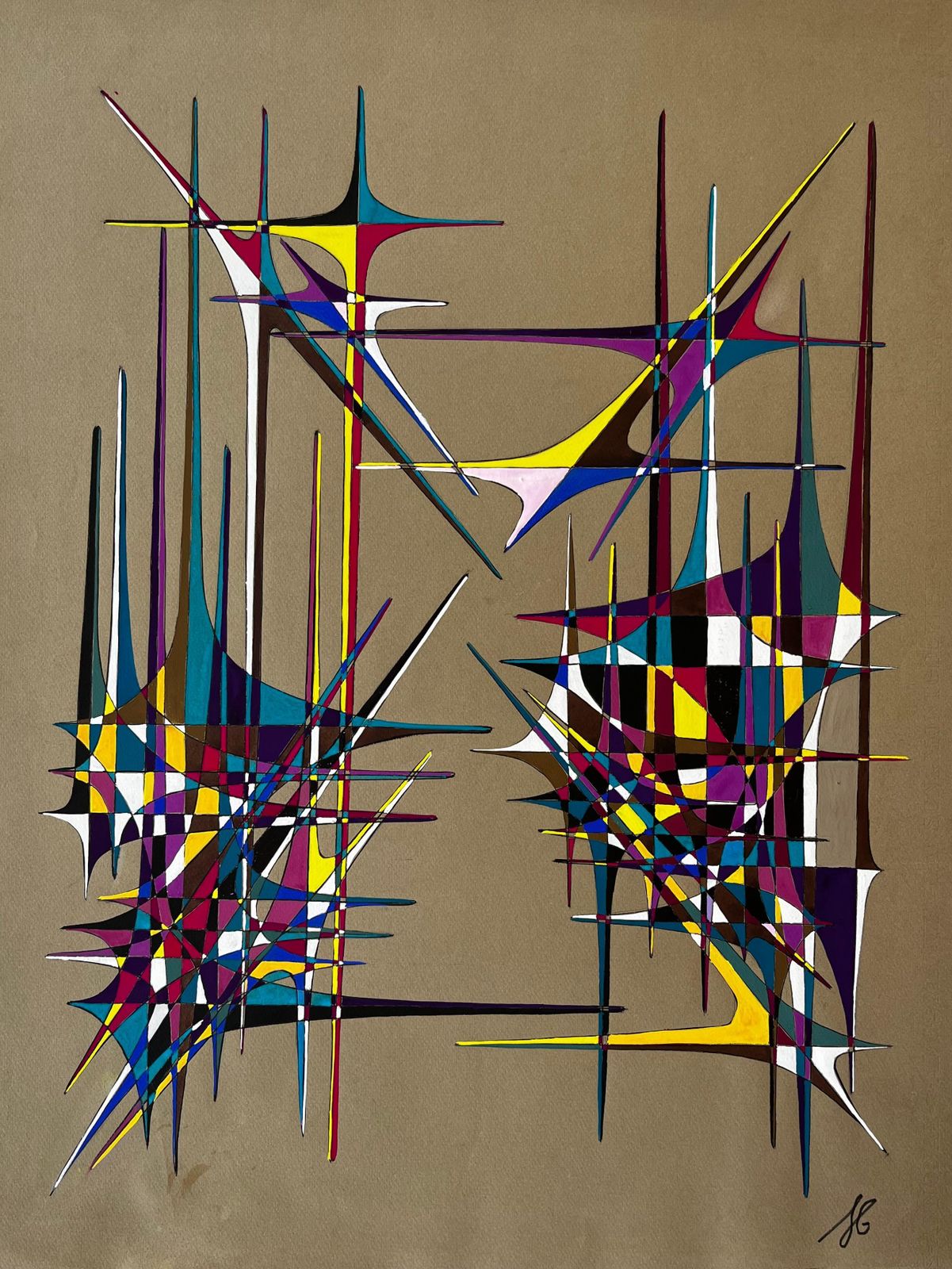 Serge Guerin (1916)mid Century French Geometric Abstract In Multicolour Ink And Gouache On Paper