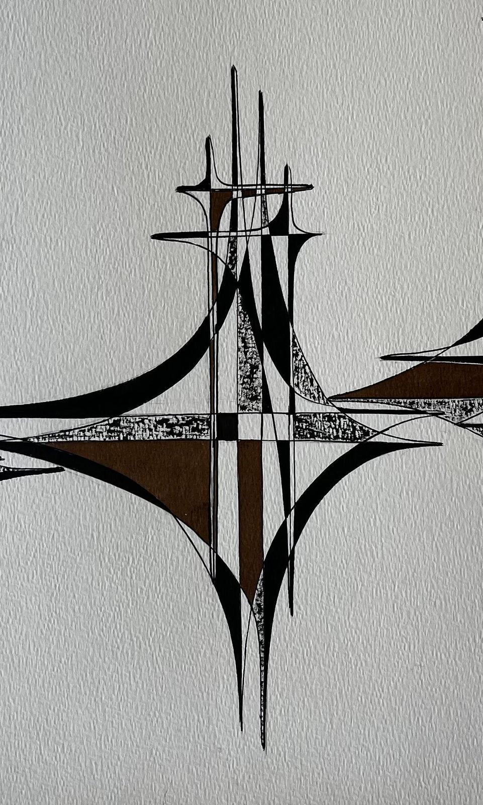 Serge Guerin (1916)mid Century French Geometric Abstract Black And Brown Ink Drawing On Paper photo Art