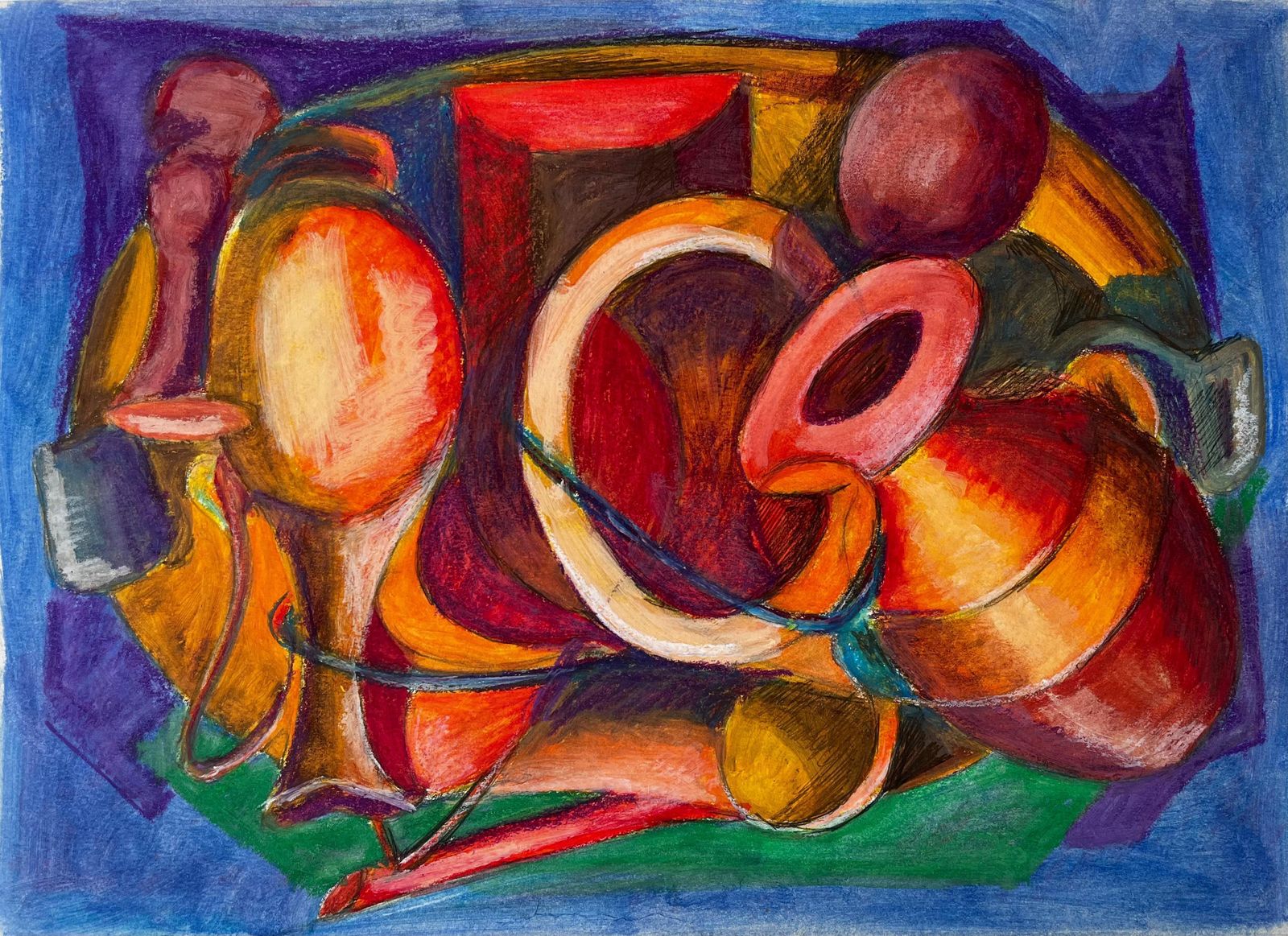 Guy Nicod Abstract Still Life With Jugs And Vessels French Modernist Oil Pastel