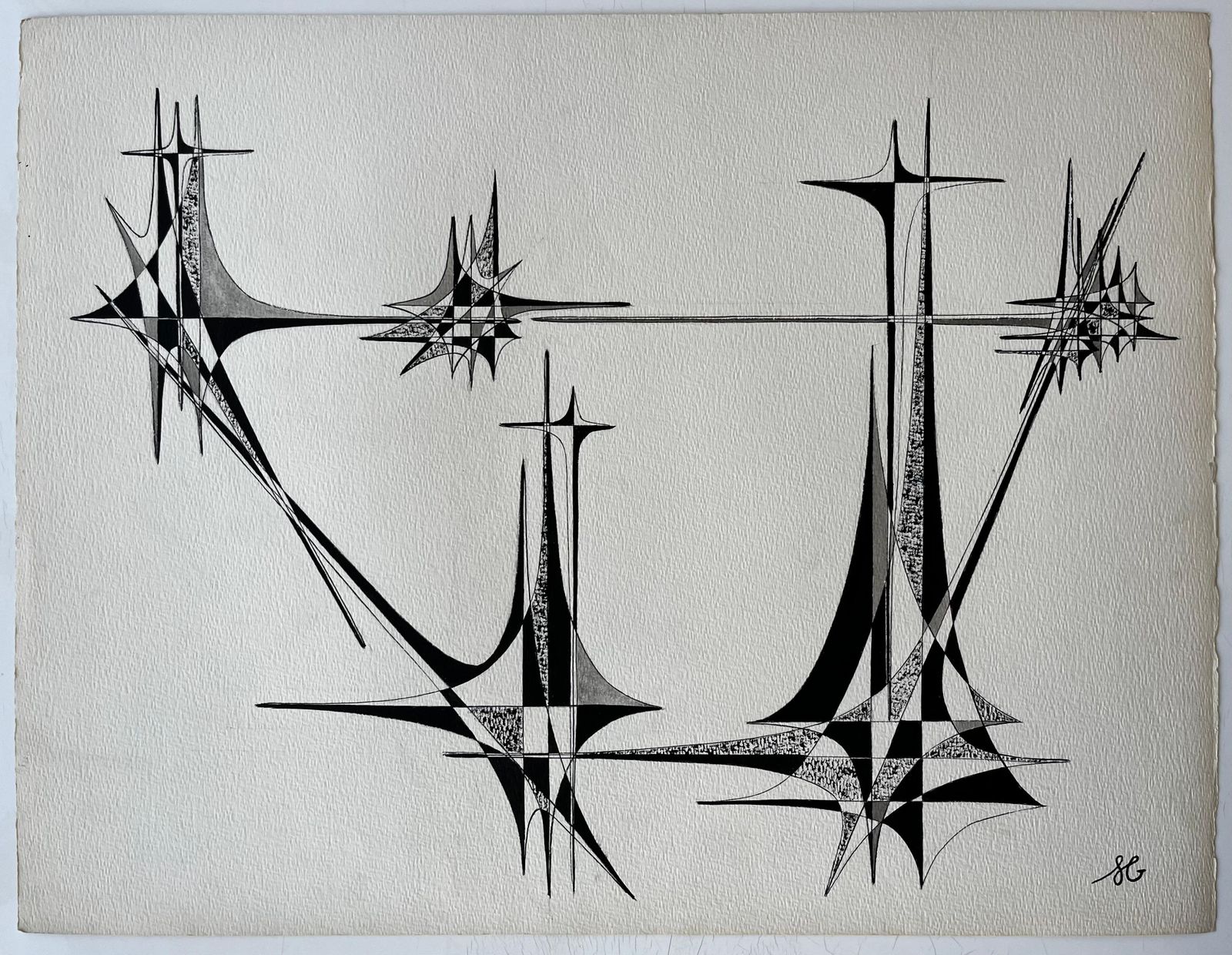 Serge Guerin (1916)mid Century French Architectural Abstract Ink Drawing Signed Sg photo furniture
